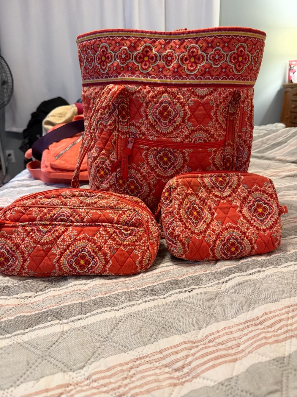 Vera Bradley Orange Quilted Floral Tote with Pouches -retired paprika bundle